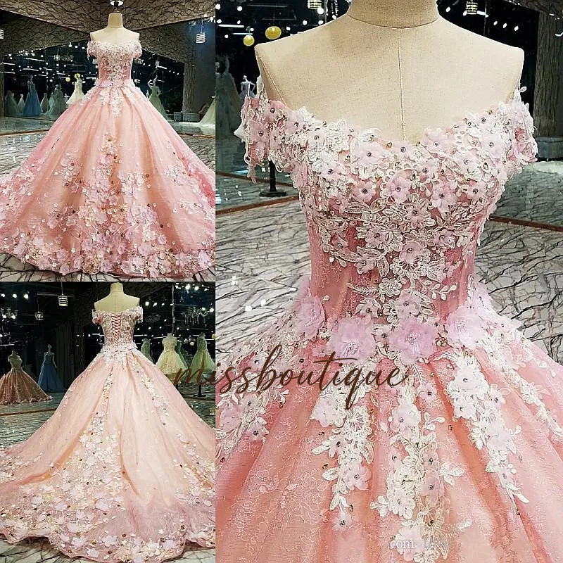 Luxury Pink Ball Gown Flower Prom Dresses Off The Shoulder Lace Appliqued Beads Dress Evening Wear Plus Size Abendkleider Formal Party Gowns Youmaig