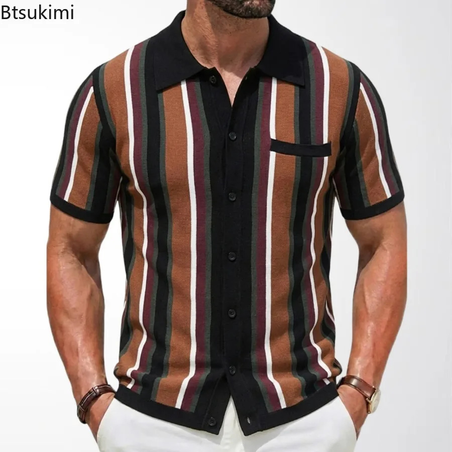 2026 Mens Summer Casual Knitted Shirts British Retro Stripe Patchwork Knitted Short Sleeve Jacquard Business Polo Shirt Male 260623