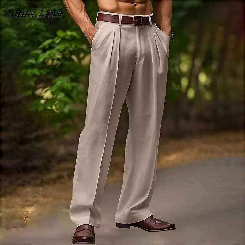 Vintage Solid Color Loose Linen Trousers For Mens Spring Summer New Casual Straight Men Fashion Pleated Breathable Pants W260624