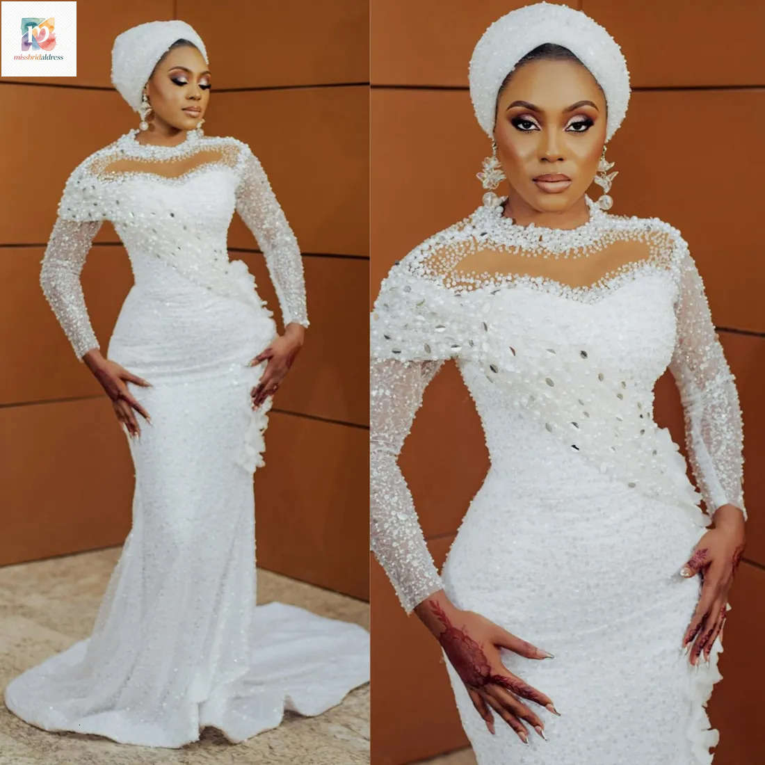 Size 2024 Plus Aso Ebi Mermaid Dresses Bridal Bride High Neck Sequin Lace Pearls Decorated Wedding Gowns For African Nigeria Black Women Girl Nw140