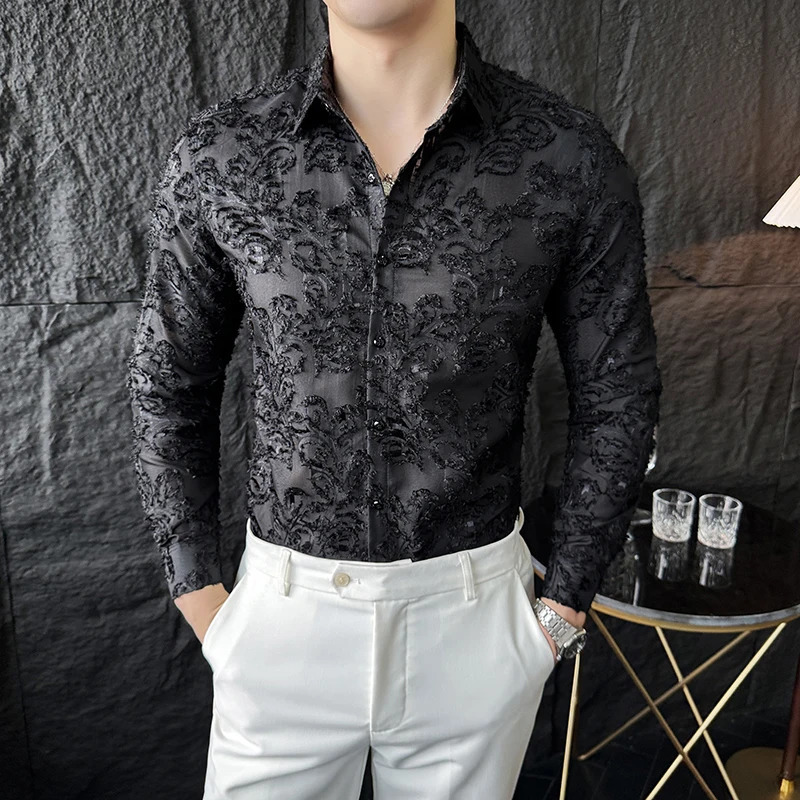 Tassels Shirts For Men Korean Autumn Winter Long Sleeve Mens Social Shirt Slim Fit All Match Plain Color Blouse Homme 4XL-M 260615