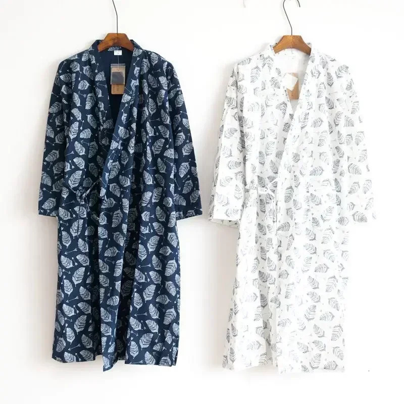 Mens Pajamas Robes Cotton Half Sleeve Blue White Colors Leaves Printing Summer Bathrobe Jacquard Men Clothes 260623