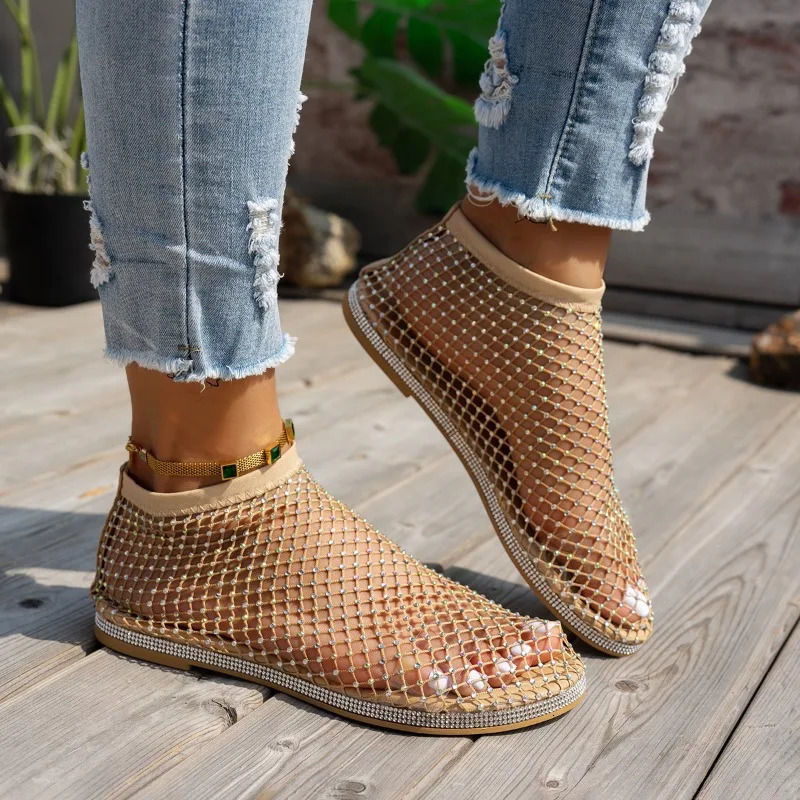 Rhinestone Womens Sandals Elegant Hollow-Out Slip-on Flat Shoes Summer Casual Evening Mary Jane Shoes 36-41 260623