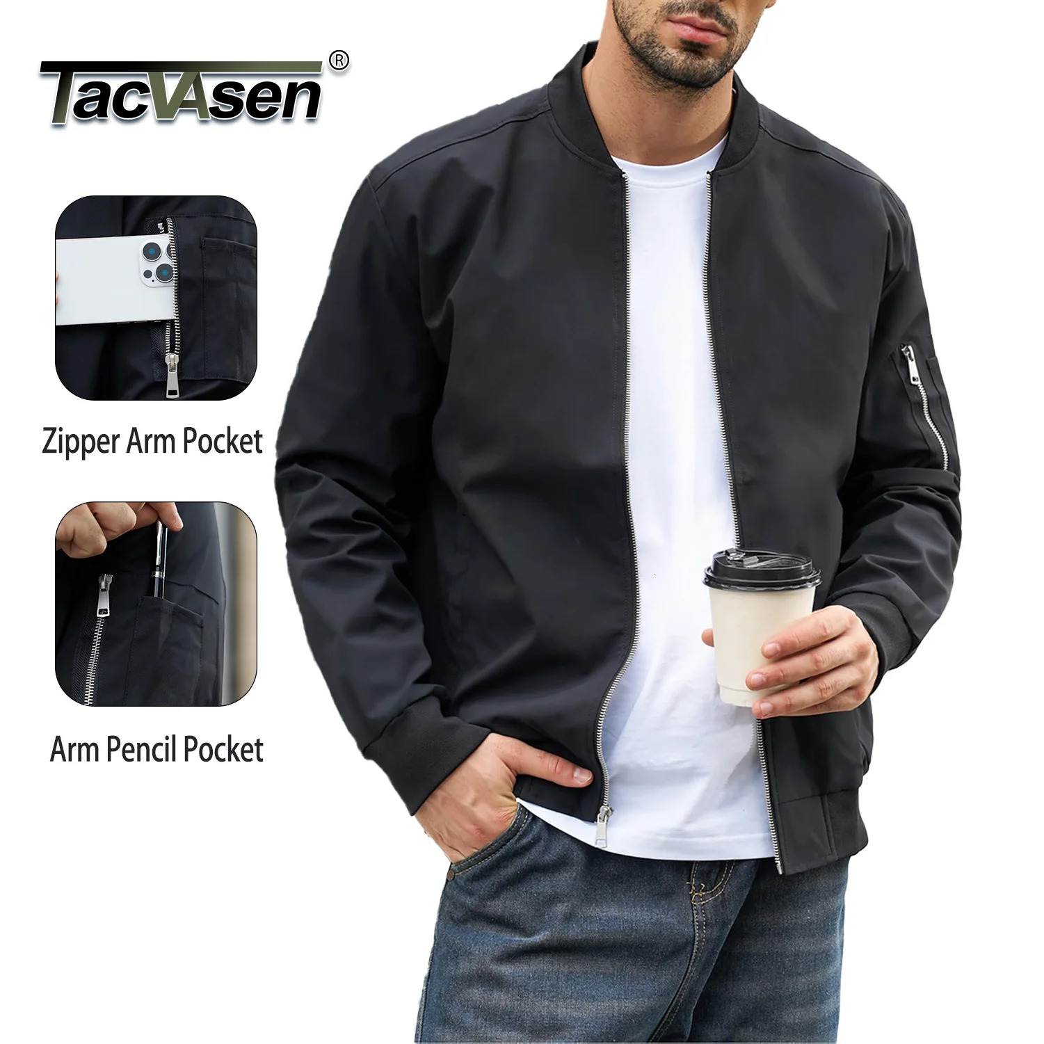 TACVASEN Lightweight Windbreaker Mens Bomber Jacket Spring Autumn Casual Zip Up Coat With Pockets Fashion Streetwear Outerwear 260624