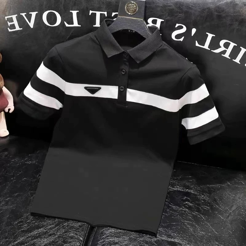 POLO ShirtSummer New Versatile Striped Casual Men's Youth Business Turn-Down Collar Short Sleeve Simple T-Shirt