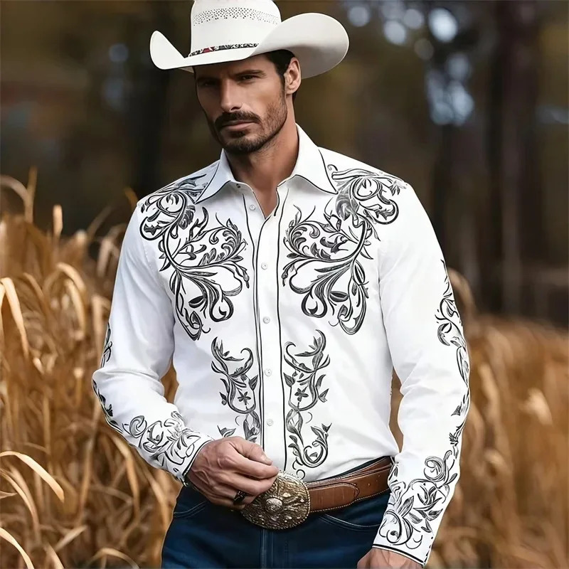 Mens Western Cowboy Style Long Sleeve Casual Shirt Slim Fit Retro Print Loose Shirt Cotton Polyester Spring Summer Autumn 260617