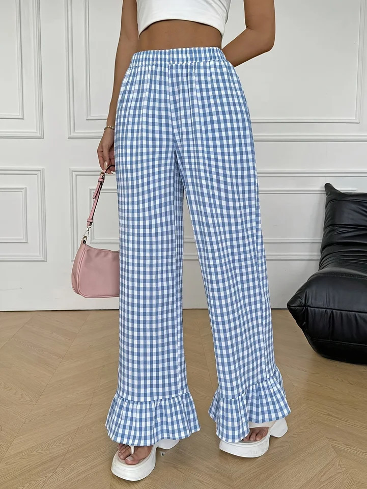Womens fashion versatile checkered ruffled straightleg pants that add a touch of freshness and youthful appeal 260623banjia