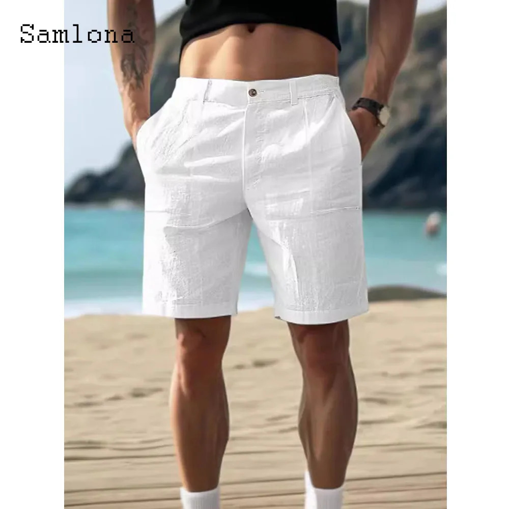 Samlona Mens Vintage Stand Pocket Cotton Linen Shorts Male Casual Beach Short Pants Solid White Khaki Button Fly pants 260624