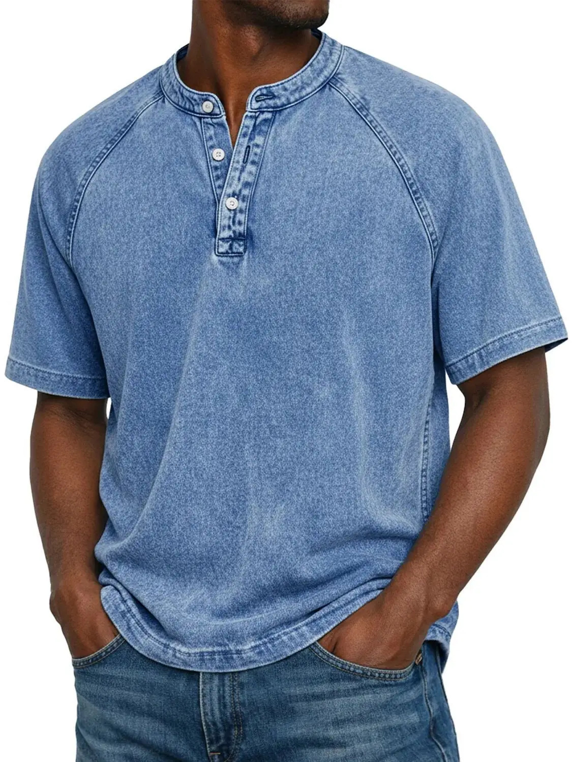 Men Vintage Washed Cotton Polo Shirt Summer Solid Color Henley Collar Short Sleeve Tops Retro Casual Slim Fit Fashion Mens Polo 260623