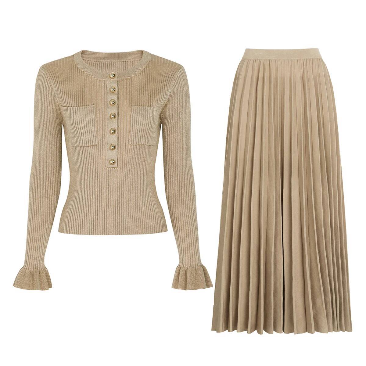 High Quality Spring And Autumn New Elastic Knitted Slimming Long Sleeved Top Cardigan+Slim Fit Pleated Skirt Women's Set MAKOUFEI
