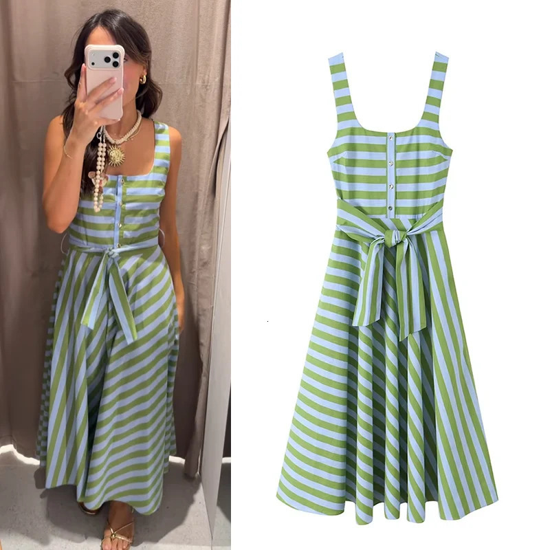 Womens Dress 2026 Summer Fashion Vacation Style Stripes Midi with Belt Casual Chic Female 260624