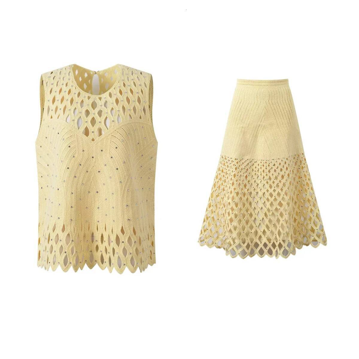 Women's French Vacation Style Hollow Out Rhinestone Knitted Vest + Skirt Set MAKOUFEI