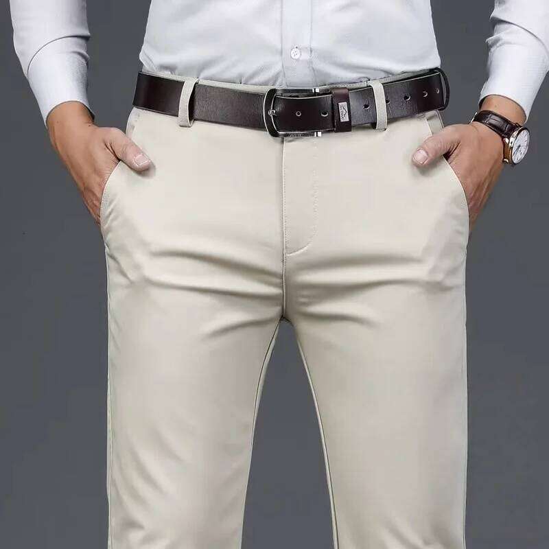 Spring Summer Casual Khaki Black Straight Regular Fit High Waist Mens Pants Stretch Trousers for Male Size 40 42 W260624
