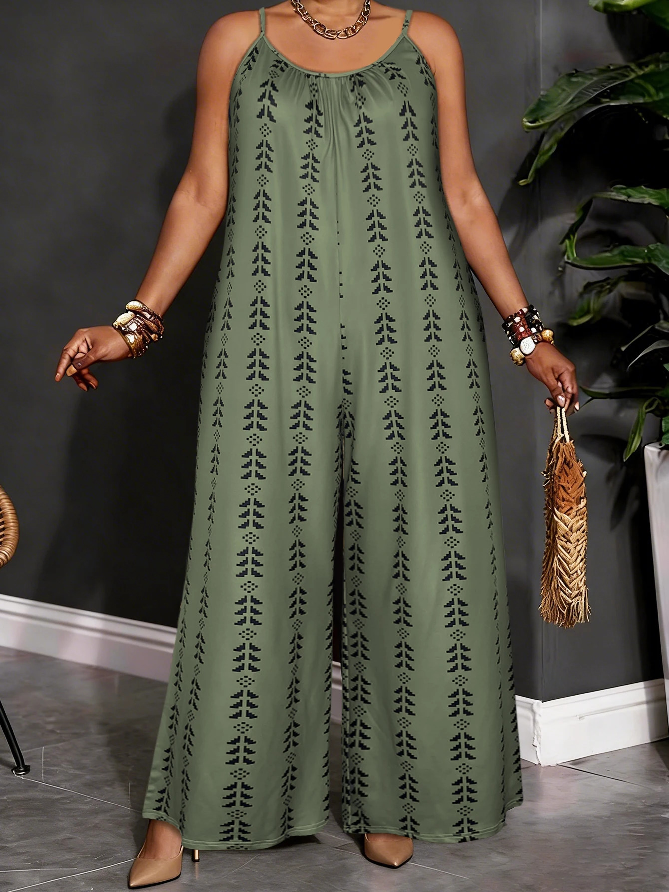 Plus Size Olive Green Geometric Print Spaghetti Strap Jumpsuit Summer Casual V Neck Loose Wide Leg Romper With Side Pockets 260623