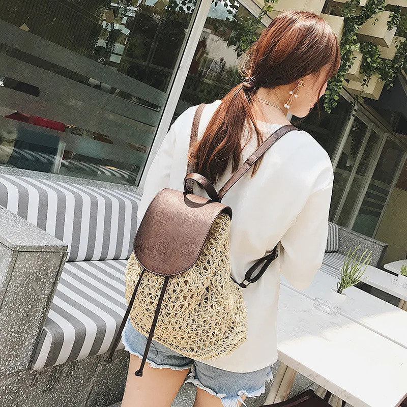 Womens Handwoven Paper Straw Backpack Small Summer Lightweight Hollow Casual Holiday Travel Bag 260624