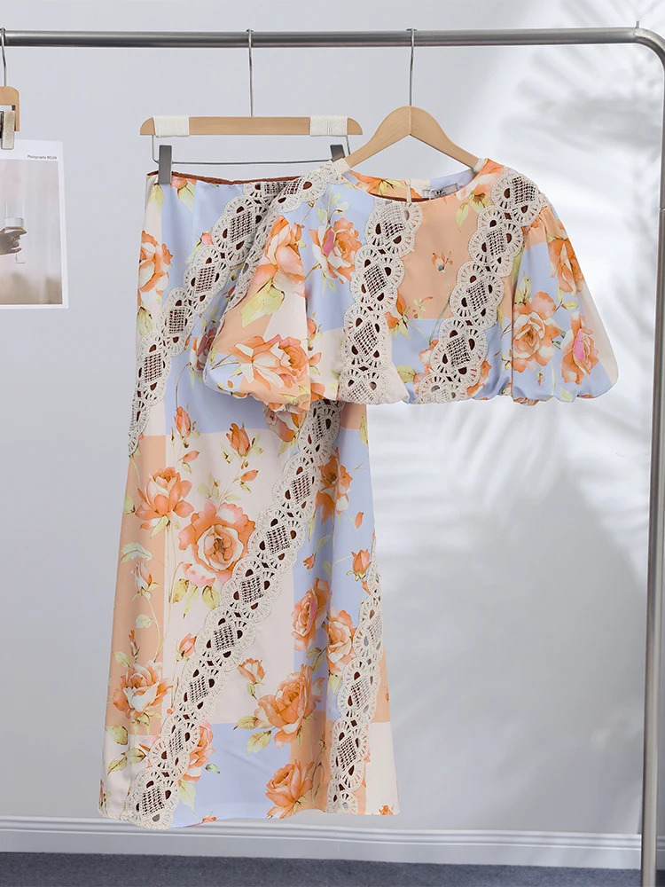 Lace Printed Fashion Skirt Womens Set Hollow Out Puff Sleeve Crop Top Maxi Skirts Suits 2026 Summer Vacation Women 2-Piece Sets 260622