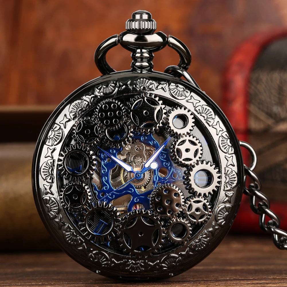 Royal Blue Roman Numerals Mens Manual Mechanical Pocket Watch Black Gears Hollow n Pocket Chain Pendant Vintage Clock 260623