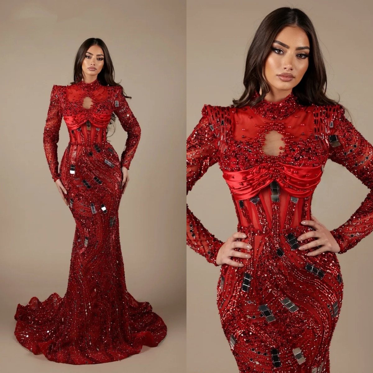 Modern Pearls Evening Dresses Sequins High Neck Mermaid Prom Dress Illusion Long Sleeve Customized Party Gown Vestidos De Noche Plus Size