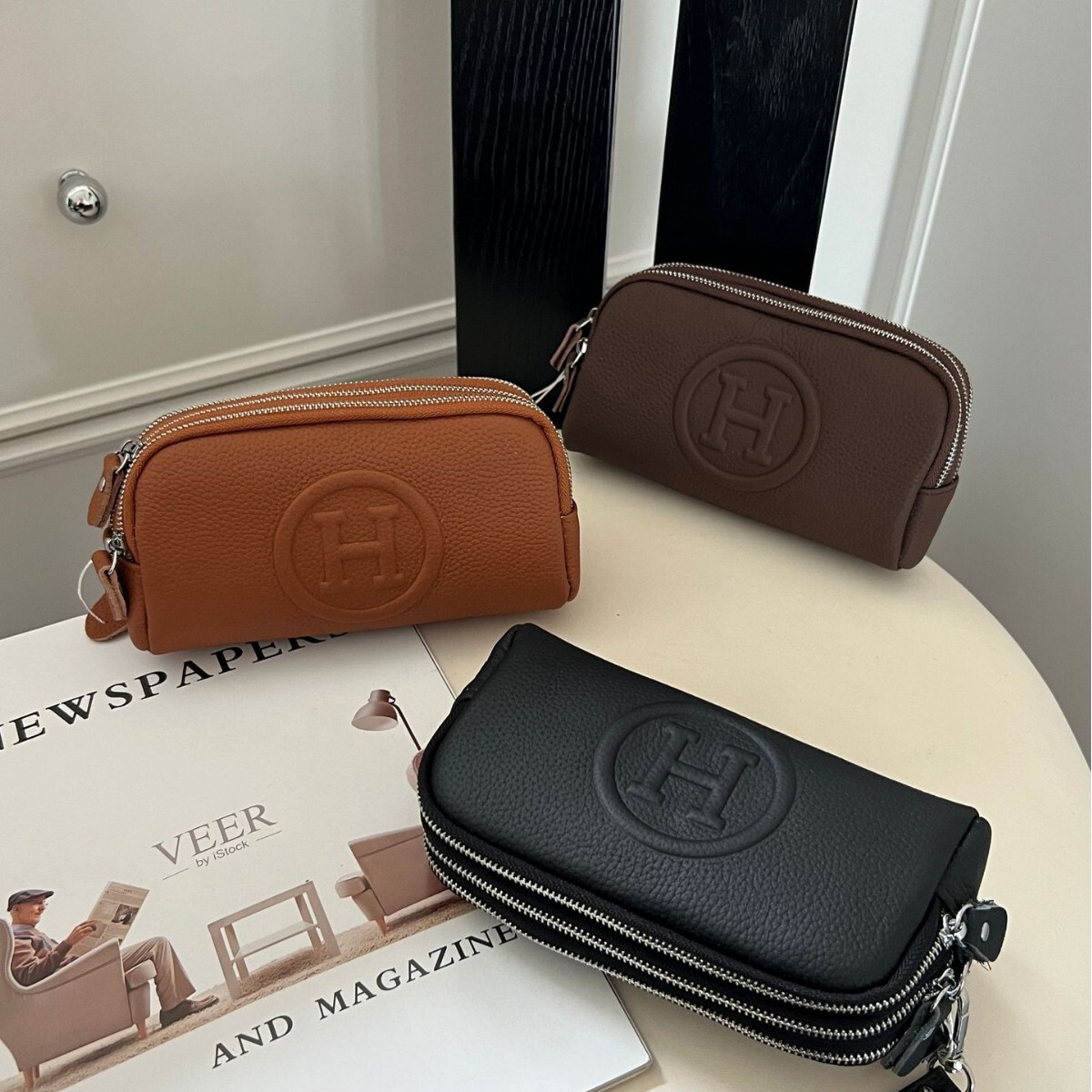 Designer bag, top-notch grain leather handbag for women, zipper coin key wallet, stylish and simple phone bag, women's large capacity wallet