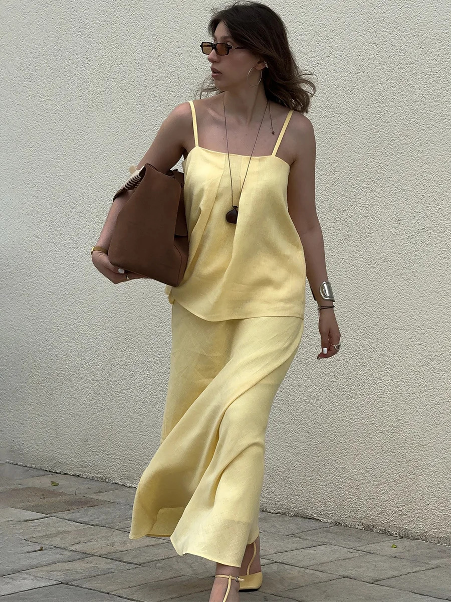 Bornladies 2026 Spring Summer Cotton Womens Cami Skirt Set Elegant Lazy Cami Mermaid Maxi Skirt Two-Piece Outfit 260624