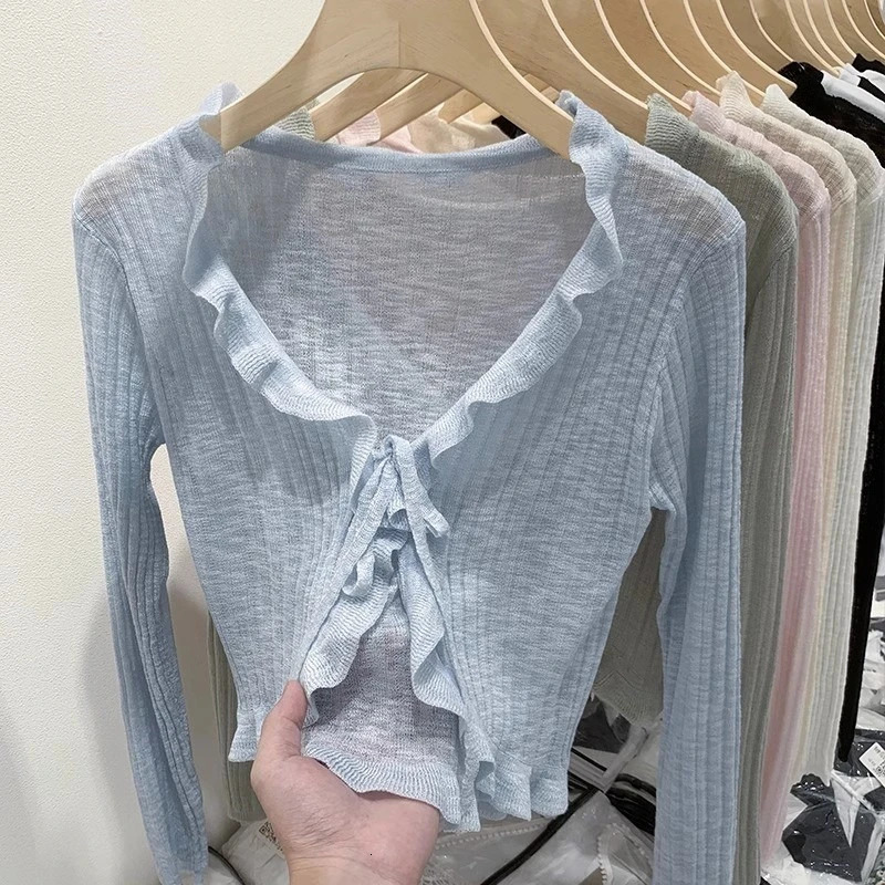 2026 Summer Thin Knit Womens Cardigan Long Sleeve Short Sun Protection Shawl Air Conditioning Top Solid Color Versatile Coat 260623