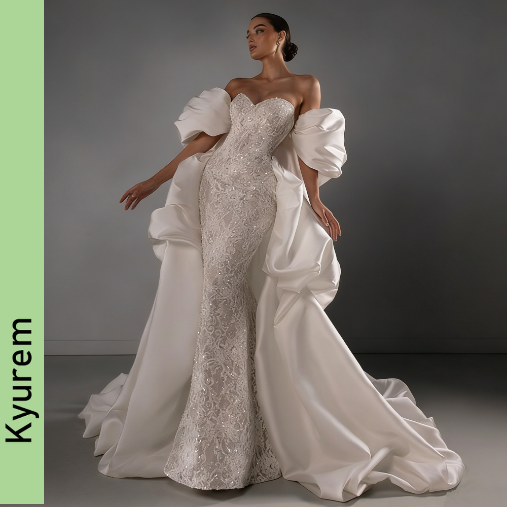 Gorgeous Lace Mermaid Wedding Dresses Elegant Detachable Train Satin Ball gowns Sweetheart Sleeveless Robe De Mariee custom made color/size