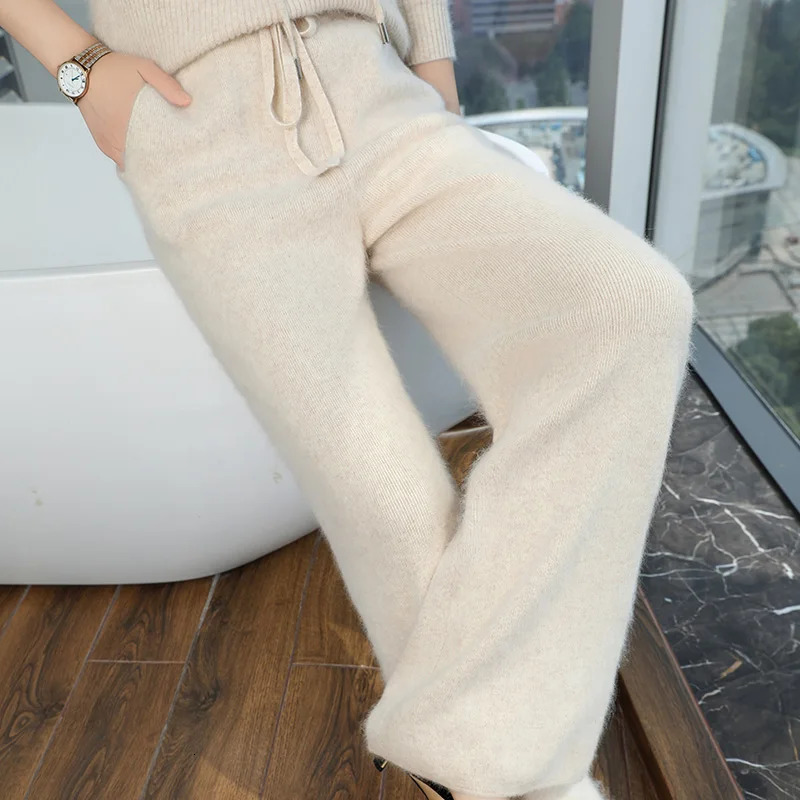 100 Pure Mink Cashmere Knit WideLeg Pants Elastic Waist Loose Straight Trousers Leisure Thick Drawstring Mopping pants 260623