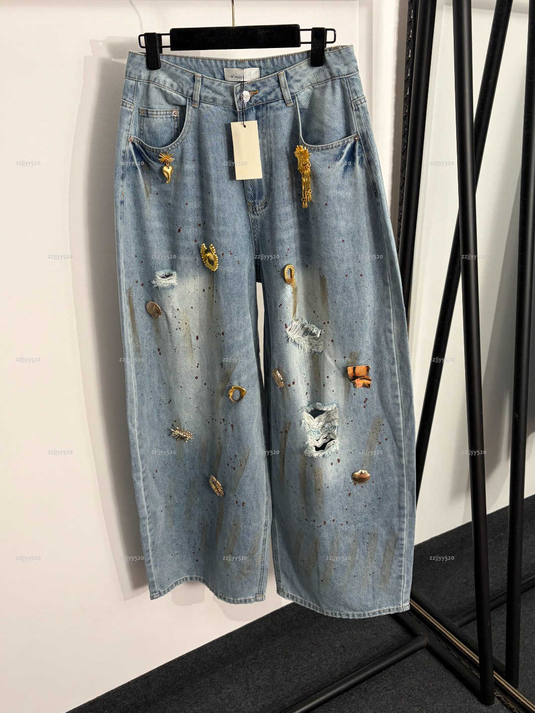 Brand women Jeans Four Seasons lady coat women designer clothes ripped high waisted wide leg denim pants A205X05N249