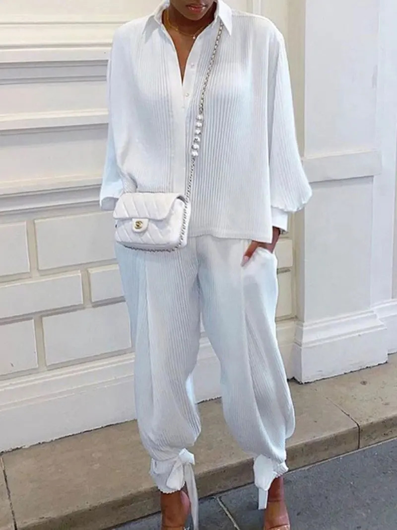 Classic Solid Shirt Pants Set Women Casual Loose Long Sleeved Lapel Elastic Waist Two Piece Suit 2025 Summer Street Outfit 260623banjia