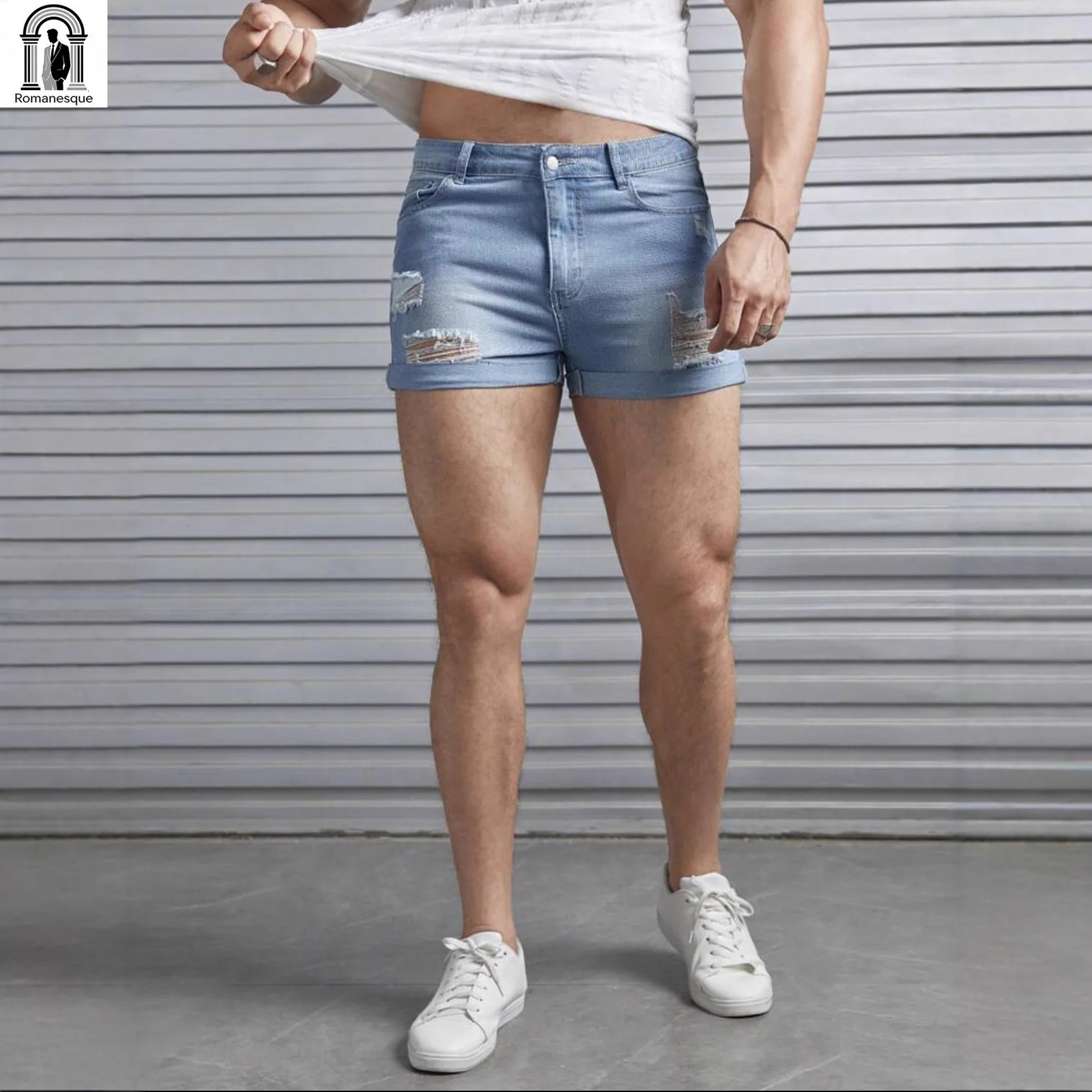 Mens Summer Ripped Denim Shorts European American Style Fashion Casual 3-Inch Short Pants Mens Slim Fit Ripped Denim Shorts 260623