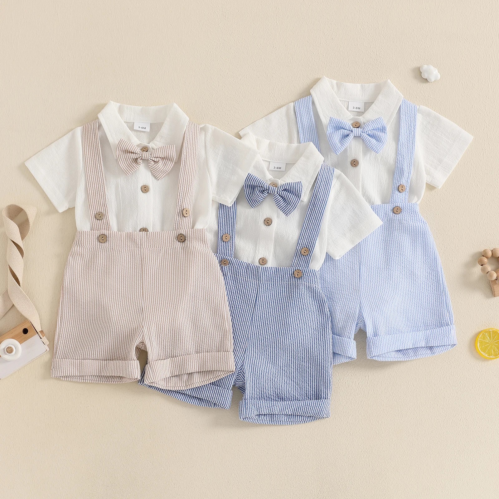 Baby Boy Gentleman Outfit Solid Color Short Sleeve Lapel Neck Romper with Stripe Suspender Shorts Bowtie Boys Summer Clothes260624
