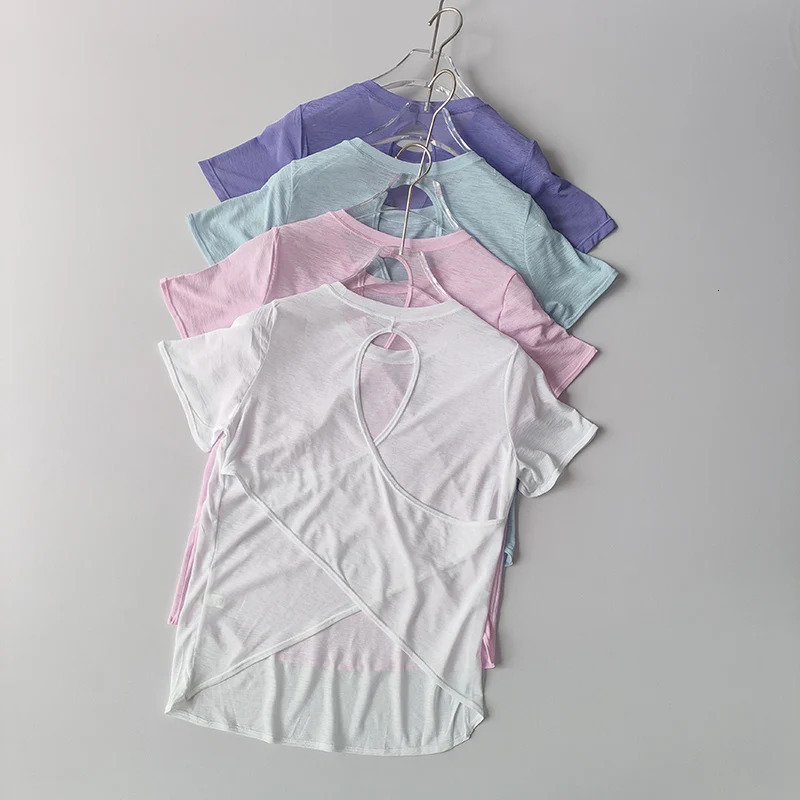 Yoga Clothes Womens Blouse Short-sleeved Hollow Cross Thin Mesh Beautiful Back Outside Shirts Slim Fitness Sports Top Clothing 260623