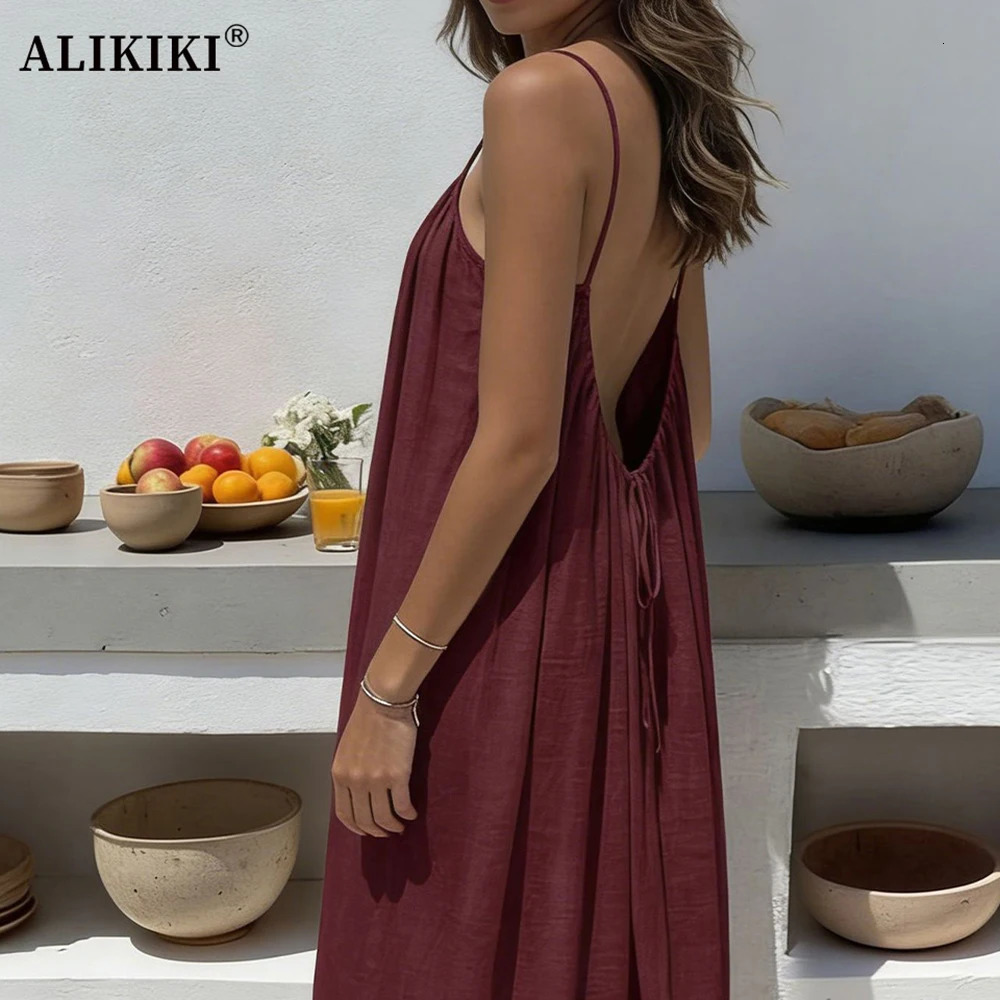 Backless Cami Dresses Open Back Lounge Dress Spaghetti Strap Sleeveless House Long Sundress Holiday Beach Wear 260623
