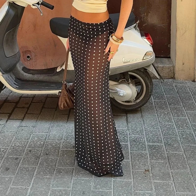 Y2k Sheer See Through Cover-ups Skirts Vintage Polka Dot Maxi Skirt Chic Women Elegant High Waist A-line Skirt Beachwear 260623