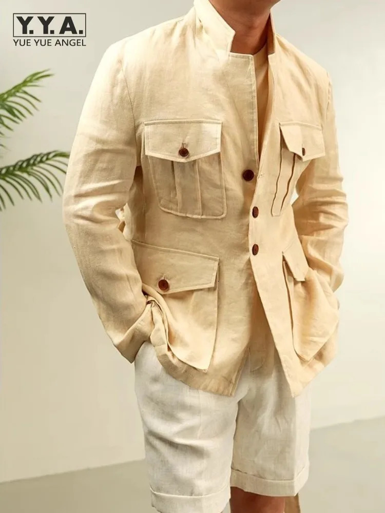 Mens Spring Summer Long Sleeve Thin Style Casual Jacket Breathable Single Breasted Vintage Outerwear Stand Collar Linen Coat 260624
