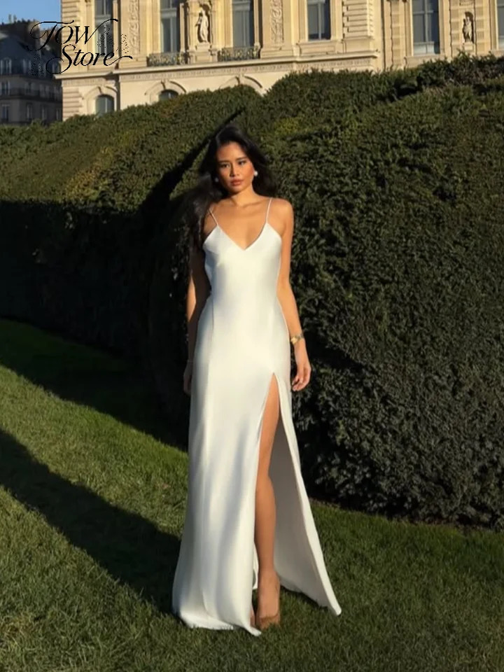 Satin Solid Backless Womens Dress Women Elegant V-neck Sleeveless Slit Strap Dresses Summer Female Evening Party Sling Robes 260623