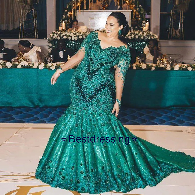 Plus Size Dark Green Mermaid Prom Dresses Sheer Neck Long Sleeve 3D Flower Beaded Formal Arabic Aso Ebi Evening Gowns Youmaigowns Bd624