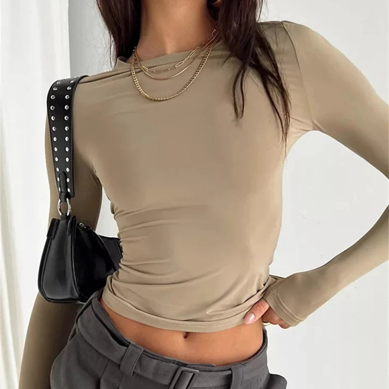 Solid Slim Fit Casual Women Long Sleeve T Shirt Spring Autumn Y2k Streetwear Crop Pullover Top Female O Neck Pullovers Basic Tee 260623