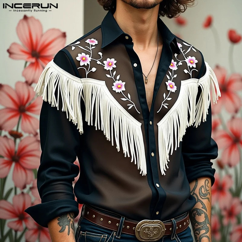 INCERUN Tops American Style Fashion Mens Embroidered Printed Tassel n Shirts Casual Personality Long Sleeved Lapel Blouse 260615