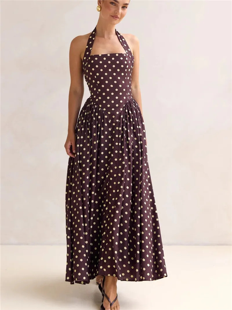 Polka Dot Halter Neck Maxi Dress Womens Summer Sleeveless Dress Beach Party Casual Going Out Dress Elegant A Line Fit Sundress 260617