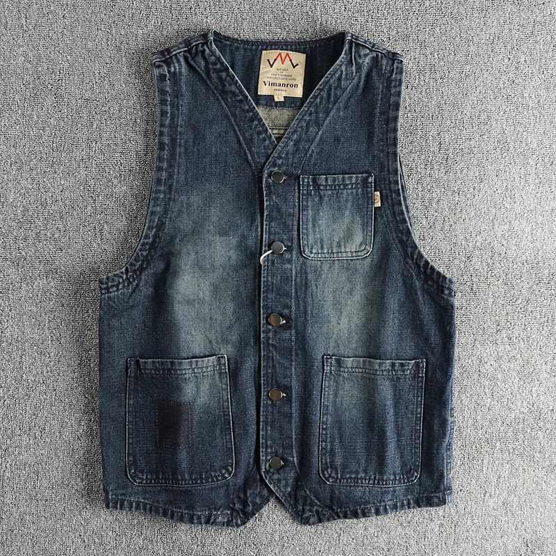 Vintage blue water wash to make old trend mens denim vest autumn and winter casual cotton sleeveless vest coat 260623