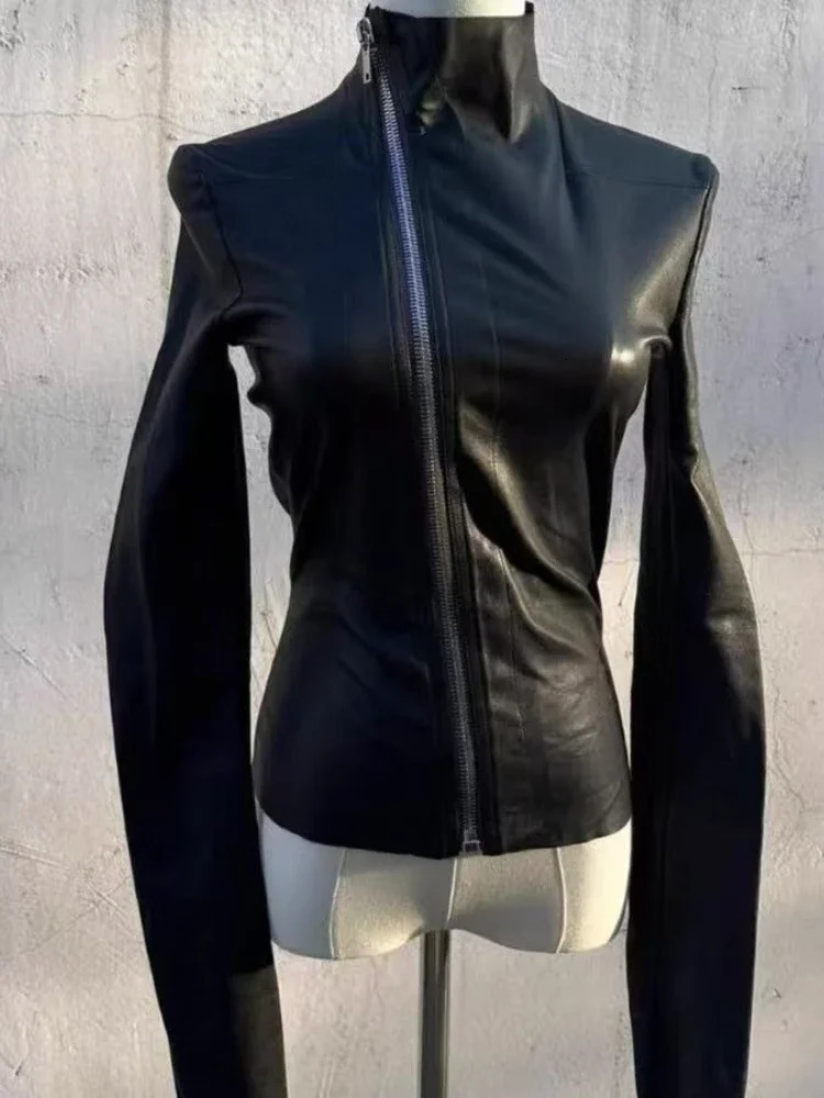 2026 Spring Black Gothic Leather Jacket Women Casual Turtleneck Zipper Thin Skinny Coat Punk Amercan Vintage Y2k Subculture 260624