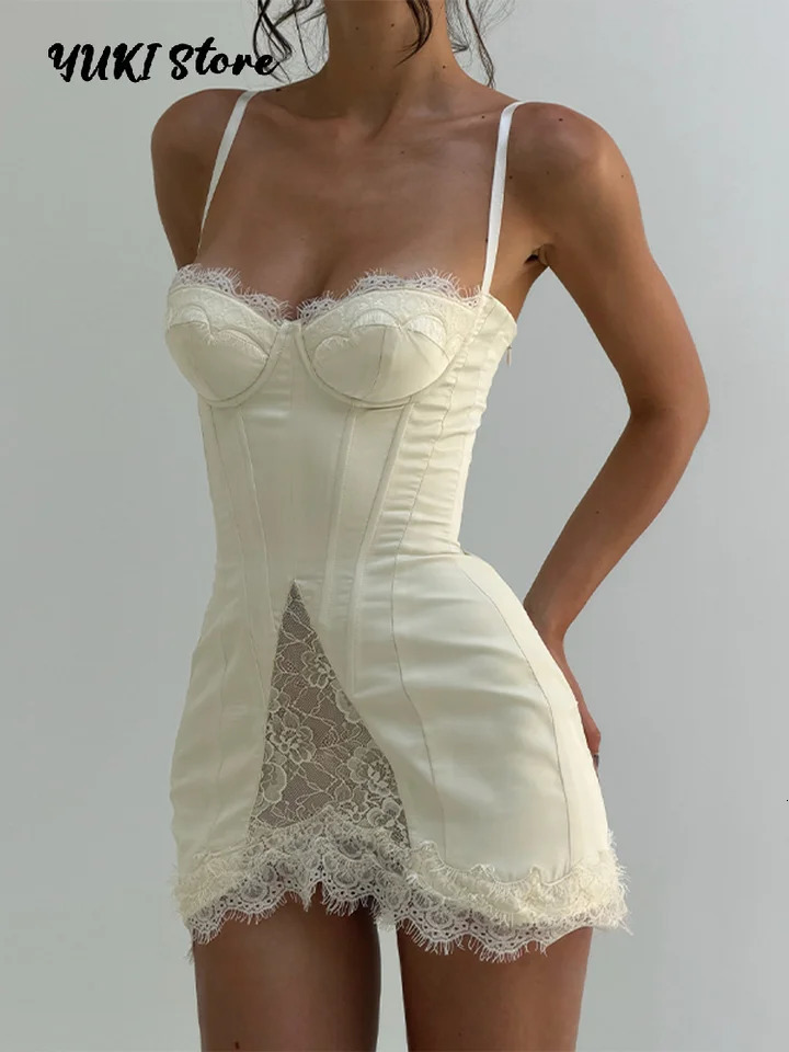 Satin Sexy Fishbone Lace Patchwork Dress Women Sleeveless Backless See Through Slim Mini Dresses Summer Lady Party Robe 260623