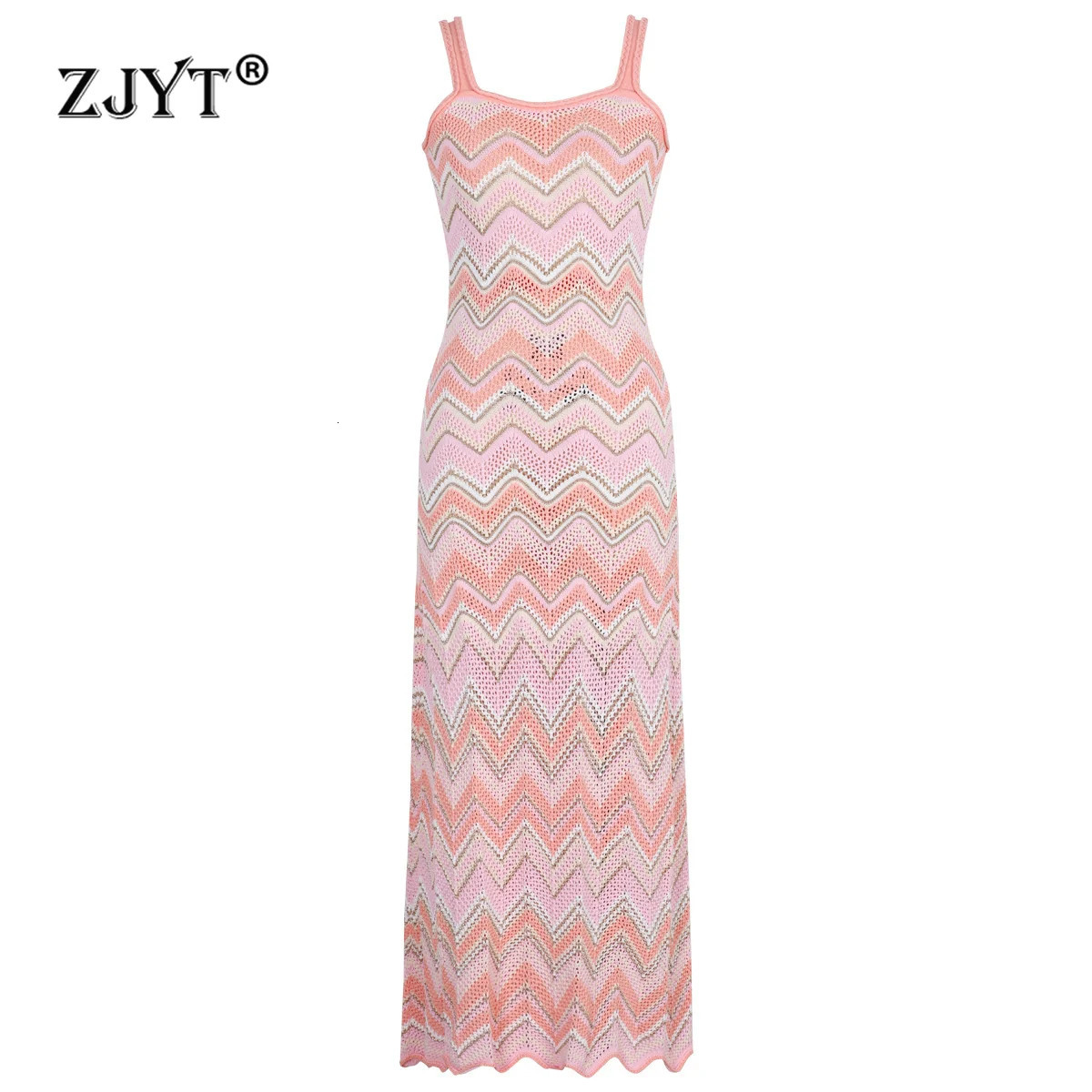 ZJYT Summer Fashion Striped Spaghetti Strap Knitting Dresses for Women Sleeveless Casual Long Holiday Beach Dress 260623