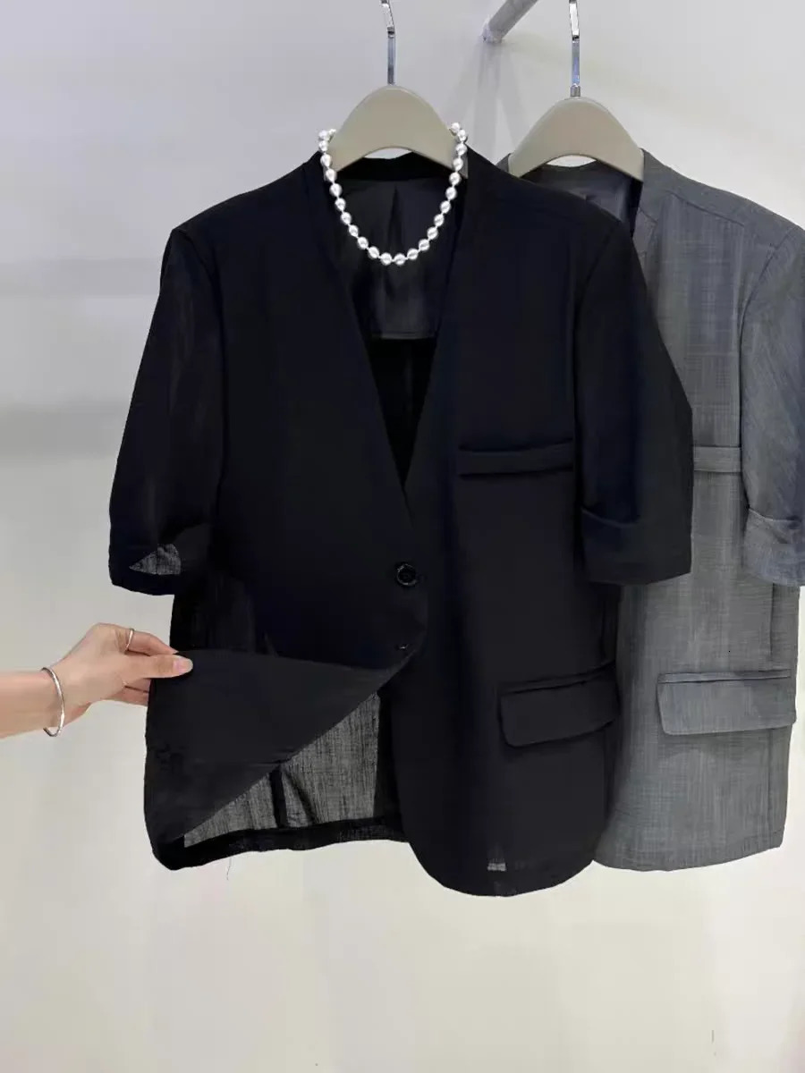 Vneck Short Sleeves Suit Jacket Simple Elegance Chic Black Grey Blazer Outerwear Commute Ladies Office Loose Solid Coat 260624