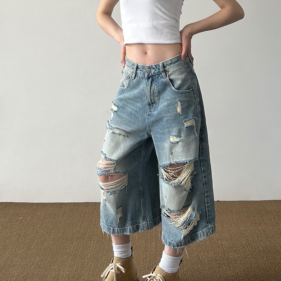 Retro Washed Distressed Cat Whiskers Denim Capri For Men And Women New Trendy Loose Design Pants High Quality Luxury