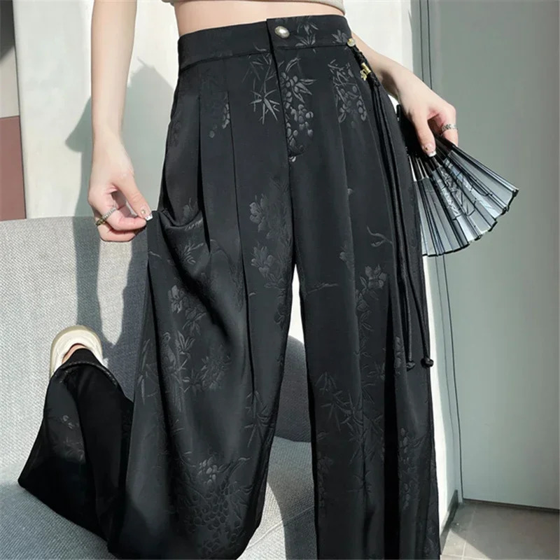 Chinese Style Jacquard Wide Leg Satin Pants for Women Elegant Solid Office Lady Womens Casual Loose Pants Female 260622