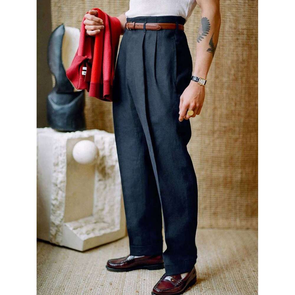 2026 SS Men's Woven Suit Pants,Straight Leg Trousers, Button & Zip Pocket,Loose Business Casual Formal Summer Pants,No Belt Pant W260624