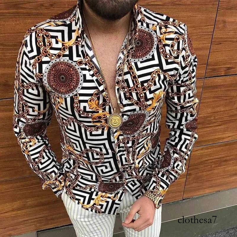 Fashion Lapel Button Up Shirt Casual Design Printed Tops Street men's Oversized Loose Long Sleeve Shirts 2024