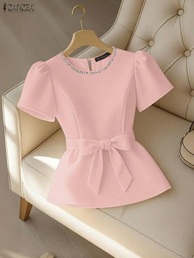 Office Women Blouse ZANZEA Summer Elegant Puff Sleeve Slim Fit Tops Tunic Stylish OL Work Shirt Fashion Lace Up Holiday Blusas 260623